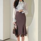 Set: Long-sleeve Ruffle Trim Plain Chiffon Blouse + High-waist Slit Panel Lace Pencil Skirt