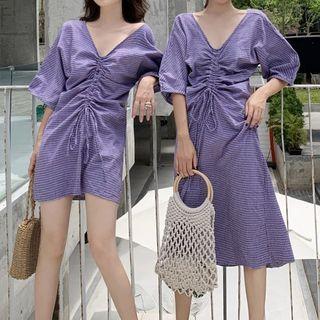Elbow-sleeve Plaid Drawstring A-line Dress