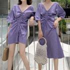 Elbow-sleeve Plaid Drawstring A-line Dress
