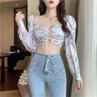 Long-sleeve Floral Cropped Top Floral - One Size