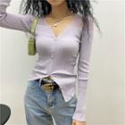 Patchwork Button-down Light Knit Top Purple - One Size