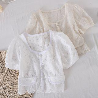 V-neck Puff-sleeve Cutout Top