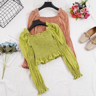 Square Collar Ruched Frilled Cropped Top