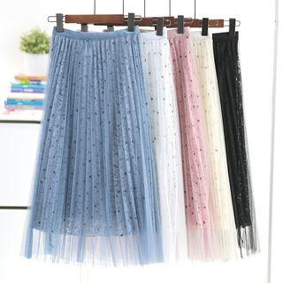 Mesh Overlay Midi Dotted Lace Skirt