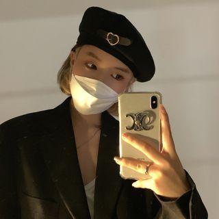 Heart Belt Beret Hat Black - M