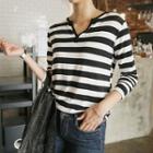 Notched-neckline Long-sleeve Stripe T-shirt