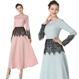 Lace Panel Long-sleeve A-line Maxi Dress