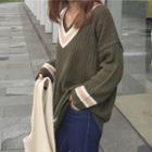 Contrast Trim Ribbed V-neck Sweater