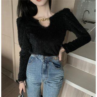Chain-neckline Furry Crop Top