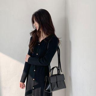 Collared Button-through Midi Knit Dress Black - One Size