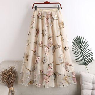 Sequined Dragonfly Embroidered Mesh Midi A-line Skirt