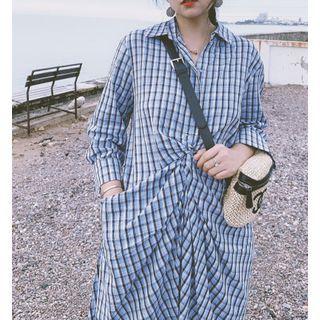 3/4-sleeve Plaid Knot-front Midi Shirtdress