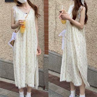 Lace Trim Floral Print Sleeveless Dress As Shown In Figure - One Size
