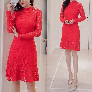 Long-sleeve Mandarin Collar Mermaid Lace Dress
