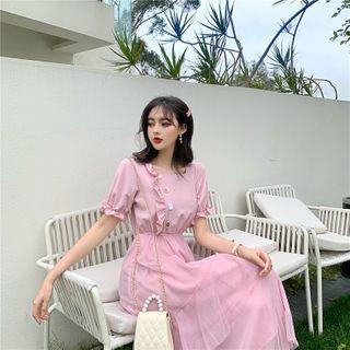Balloon-sleeve Ruffled A-line Mesh Dress