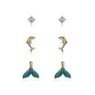 925 Sterling Silver Plated Gold Simple Green Dolphin Cubic Zircon Three-piece Earrings Golden - One Size