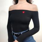 Off-shoulder Heart Embroidered T-shirt