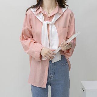 Set : Long-sleeve Polo-collar Plain Shirt + Plain Shawl