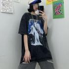 Short-sleeve Print Washed Oversized T-shirt