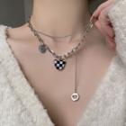 Checker Print Heart Layered Necklace Black & White Heart - Silver - One Size