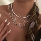 Set Of 3: Faux Pearl Necklace + Safety Pin Necklace + Chain Necklace Set Of 3 - 2827 - Silver - One Size