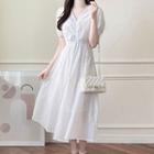 Shirred Long Eyelet-lace Dress