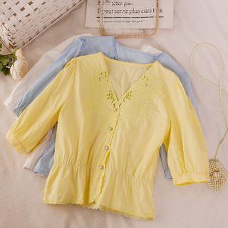 Elbow-sleeve V-neck Embroidered Cropped Blouse