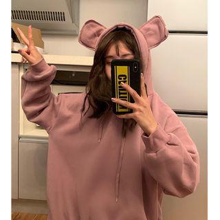 Mock Two-piece Ear-accent Hooded Pullover As Shown In Figure - One Size