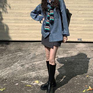 Denim Shirt / Striped Knit Shawl / Gingham A-line Skirt