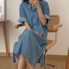 Short-sleeve Denim Button-up Midi Dress Denim Blue - One Size