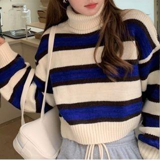 Cropped Striped Turtleneck Sweater