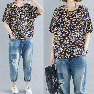 Elbow-sleeve Pattern Linen T-shirt Dark Blue - One Size