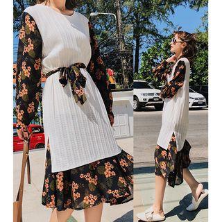 Floral Print Mock Two-piece Dress With Sash