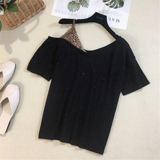 Leopard Panel Plain Short-sleeve T-shirt