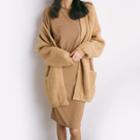 Pocketed Open-front Knit Cardigan Khaki - One Size