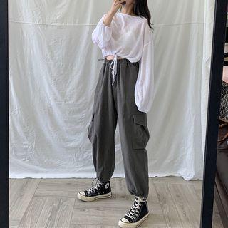 Plain Puff-sleeve Crop Top / Drawstring Cropped Harem Pants / Set