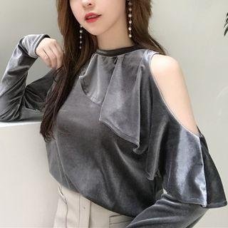 Plain Ruffle Off-shoulder Velvet Long-sleeve Top