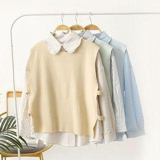Set: Long-sleeve Striped Shirt + Knit Vest