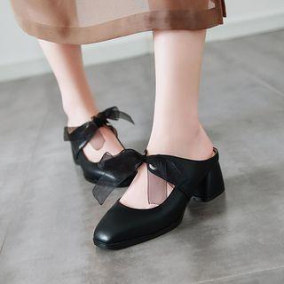 Mesh Bow Block Heel Mules