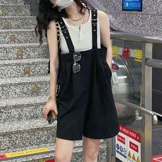 Buckled Wide Leg Suspender Shorts