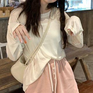 Long-sleeve Plain T-shirt / Drawstring Waist Shorts