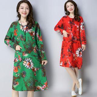 Long-sleeved Floral Print Loose-fit A-line Cotton Dress