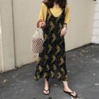Crew-neck Short-sleeve T-shirt / Flower Print Midi Spaghetti Strap Dress