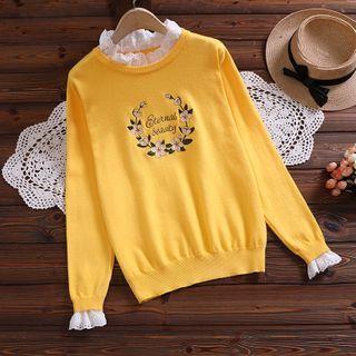 Eyelet Trim Floral Embroidered Sweater