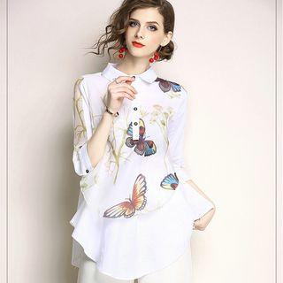 3/4-sleeve Butterfly Print Top