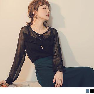 Long Bell-sleeve Sheer Panel Lace-up Top