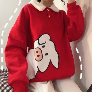 Fleece Collar Pig Print Pullover Red - One Size