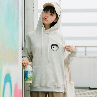 Embroidered Cartoon Hoodie Gray Beige - One Size