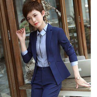 Single-button Blazer / Dress Pants / Pencil Skirt / Contrast Trim Blouse / Crew-neck Vest / Set