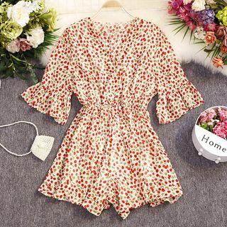 Bell Sleeve Printed Wide-leg Playsuit